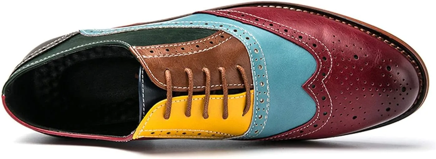 HuitJours Men Oxford Dress Shoes Multicolor Brogues Wing Tips Lace Up Patchwork Two Tone Color Matching Punched Round Toe