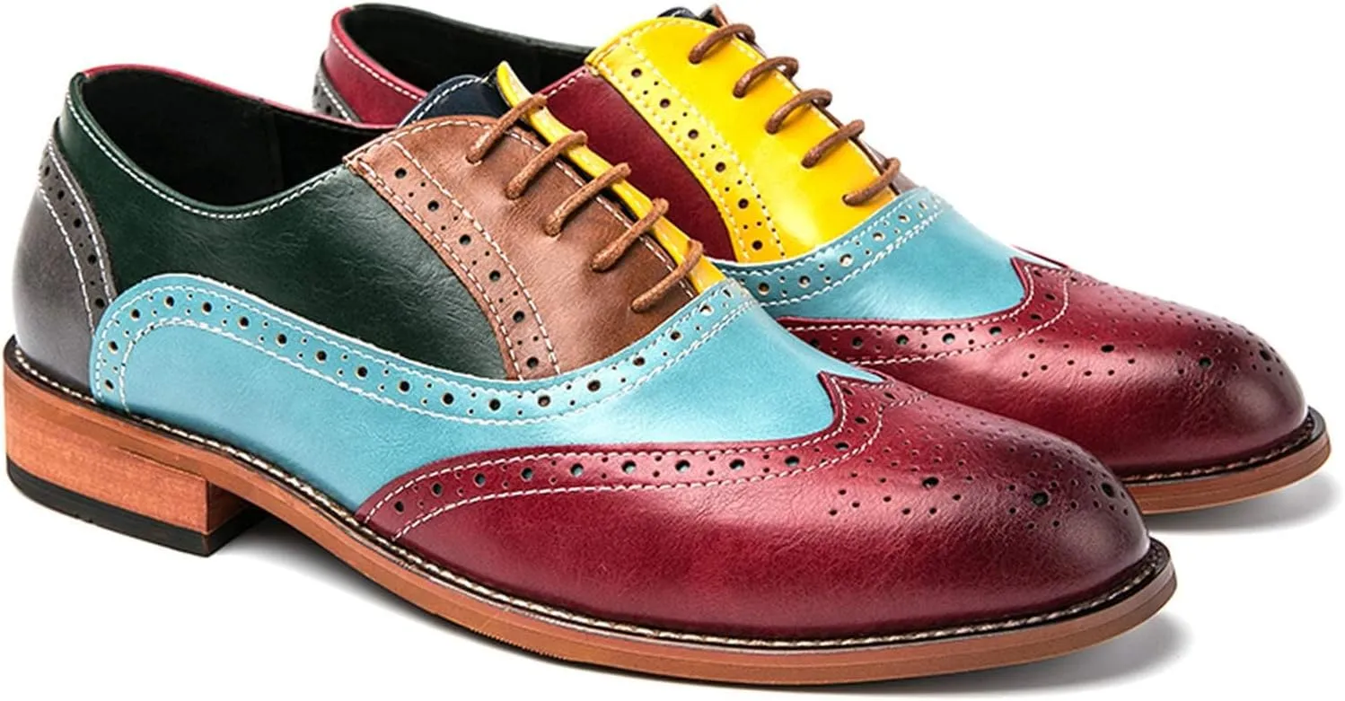 HuitJours Men Oxford Dress Shoes Multicolor Brogues Wing Tips Lace Up Patchwork Two Tone Color Matching Punched Round Toe
