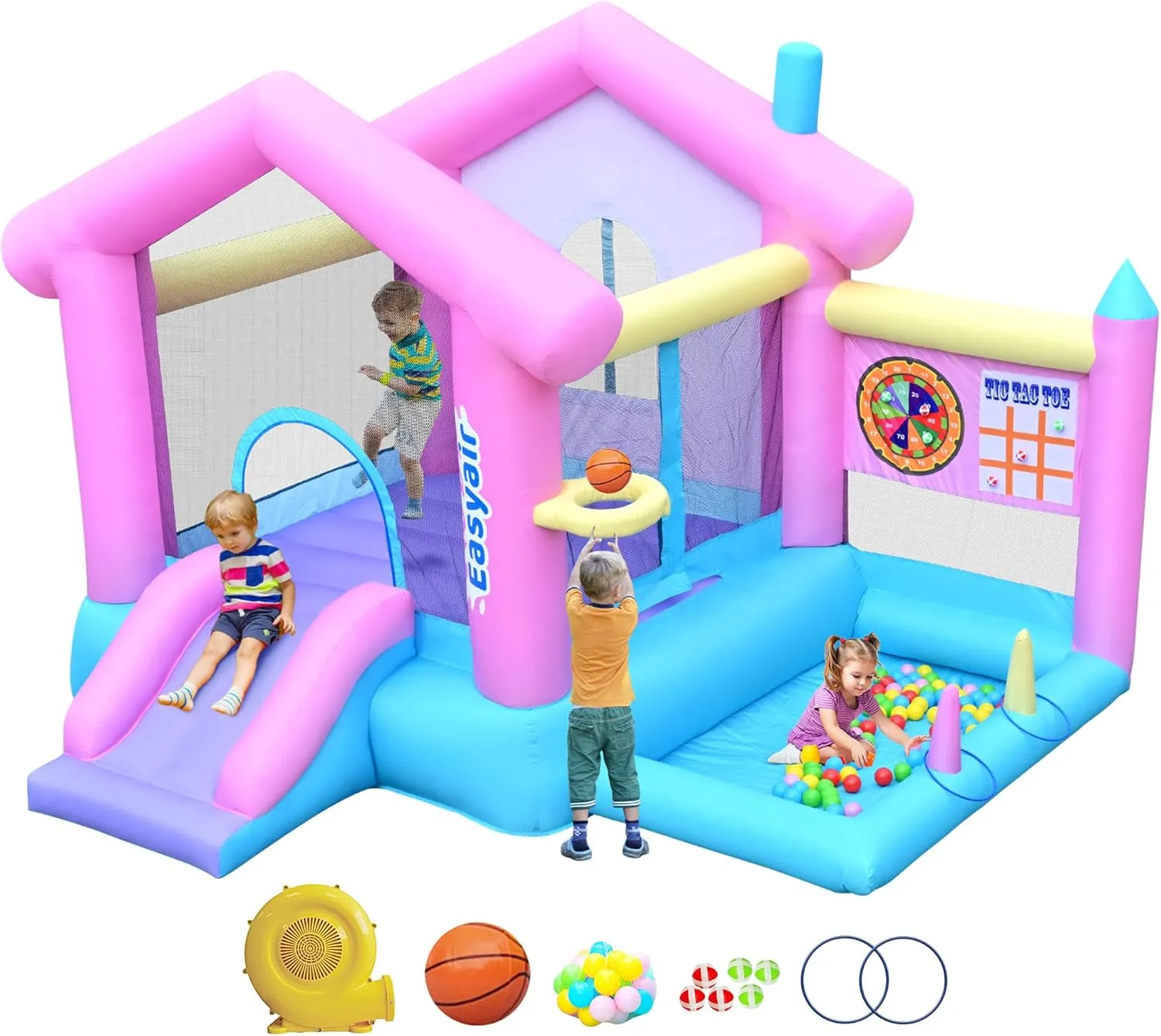 Inflatable Bounce House, 123 inch L x 110 inch Bouncy Castle, Jumping, Slide, Basketball Hoop, Ball Pits, Rings, Target Game with 370W Blower