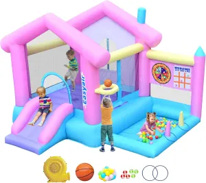 Inflatable Bounce House, 123 inch L x 110 inch Bouncy Castle, Jumping, Slide, Basketball Hoop, Ball Pits, Rings, Target Game with 370W Blower
