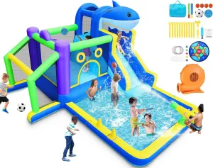 Inflatable Bounce House, Water Slide Bounce House for Kids Backyard Outdoor & Indoor, Shark Bouncy Castle with Blower, Basketball Hoop, Soccer Goal, Splash Pool, Climbing Wall, Dart Game