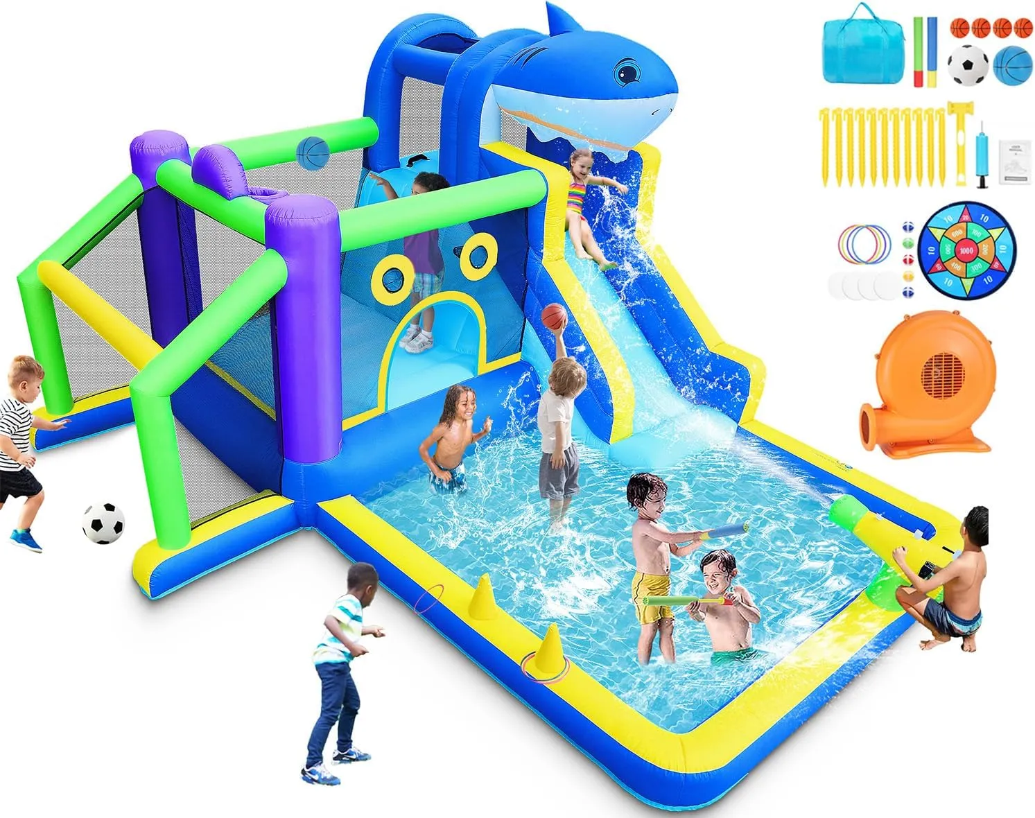 Inflatable Bounce House, Water Slide Bounce House for Kids Backyard Outdoor & Indoor, Shark Bouncy Castle with Blower, Basketball Hoop, Soccer Goal, Splash Pool, Climbing Wall, Dart Game