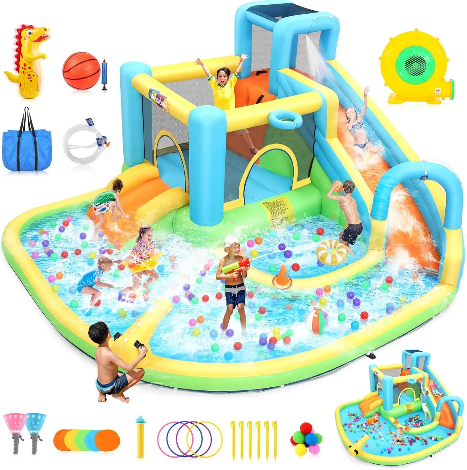 Inflatable Bounce House Water Slide for Kids 12.7FT x12FT Water Park with Splash Pool, Climbing Wall, Catch Ball Set & Toss Rings, Blower Included, Summer Party Backyard Fun (Water Park-Green)