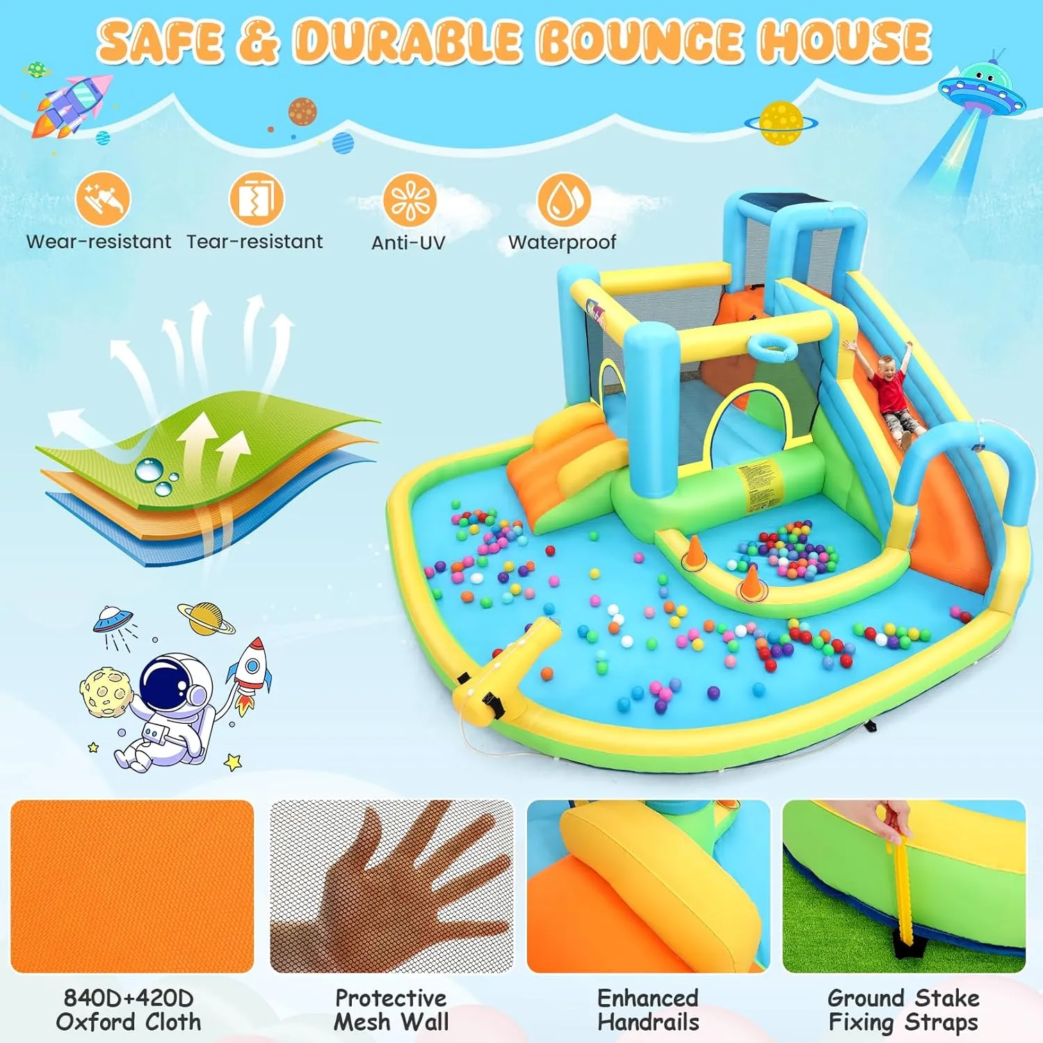 Inflatable Bounce House Water Slide for Kids 12.7FT x12FT Water Park with Splash Pool, Climbing Wall, Catch Ball Set & Toss Rings, Blower Included, Summer Party Backyard Fun (Water Park-Green)