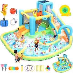 Inflatable Bounce House Water Slide for Kids 12.7FT x12FT Water Park with Splash Pool, Climbing Wall, Catch Ball Set & Toss Rings, Blower Included, Summer Party Backyard Fun (Water Park-Green)