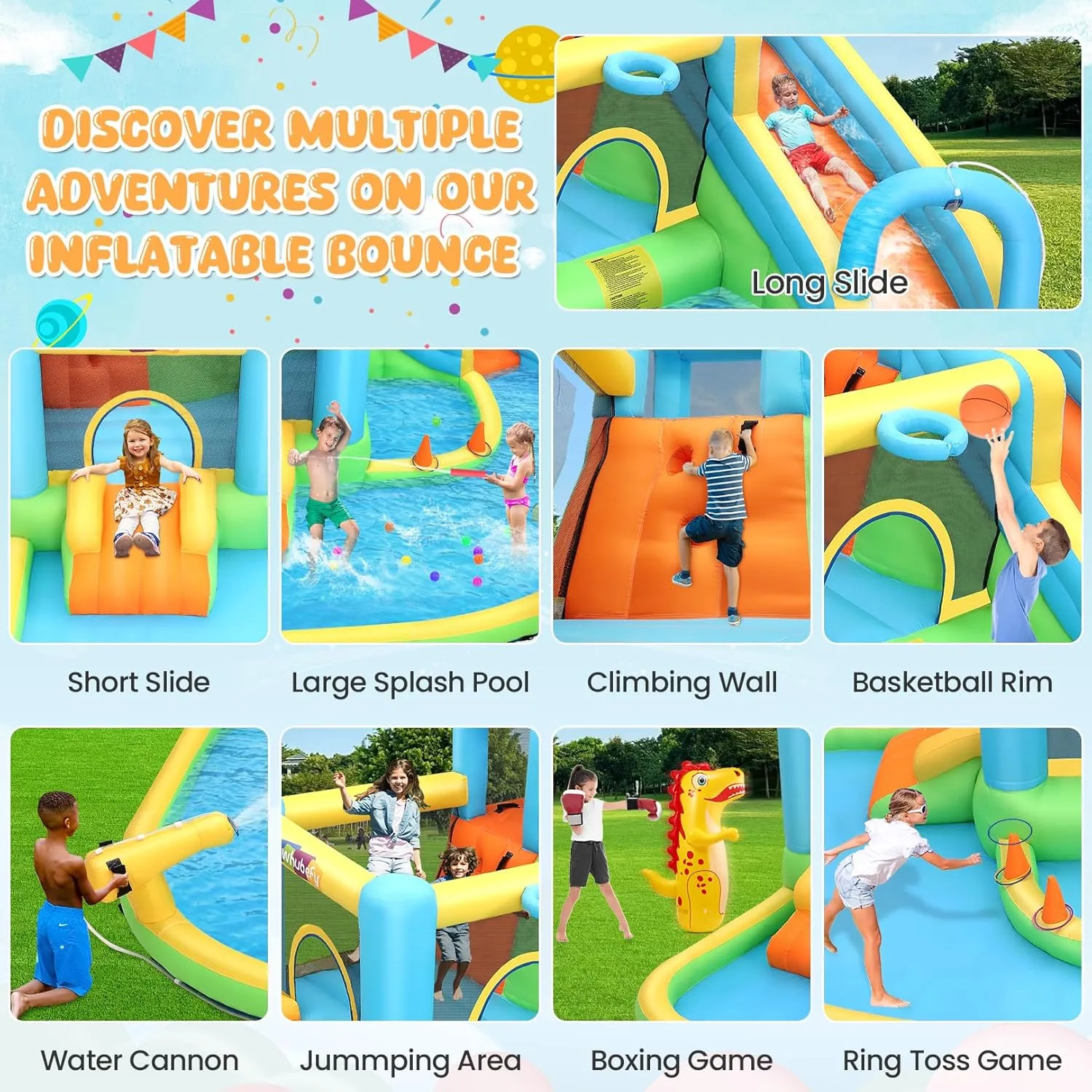 Inflatable Bounce House Water Slide for Kids 12.7FT x12FT Water Park with Splash Pool, Climbing Wall, Catch Ball Set & Toss Rings, Blower Included, Summer Party Backyard Fun (Water Park-Green)