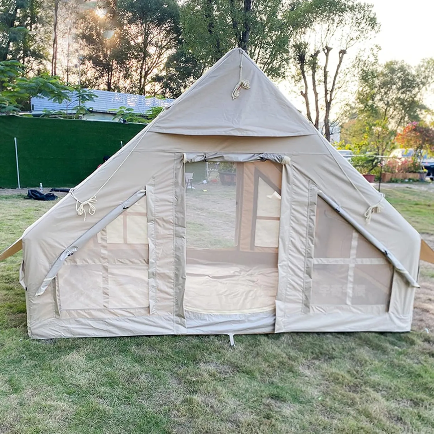 Inflatable Camping Tent 4-5 Person Large Bell Outdoor Yurt Tents,Easy Setup Waterproof Breathable Oxford Canvas Teepee Tents 4-Season for Family Camping Hiking