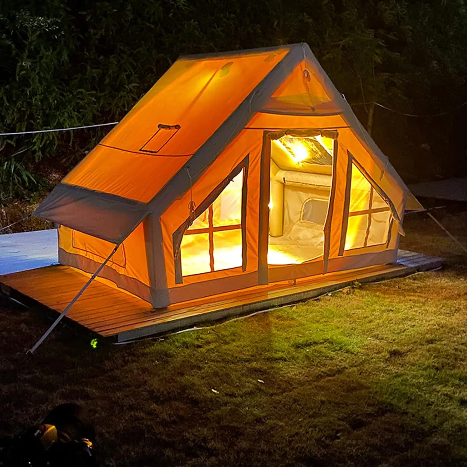 Inflatable Camping Tent 4-5 Person Large Bell Outdoor Yurt Tents,Easy Setup Waterproof Breathable Oxford Canvas Teepee Tents 4-Season for Family Camping Hiking