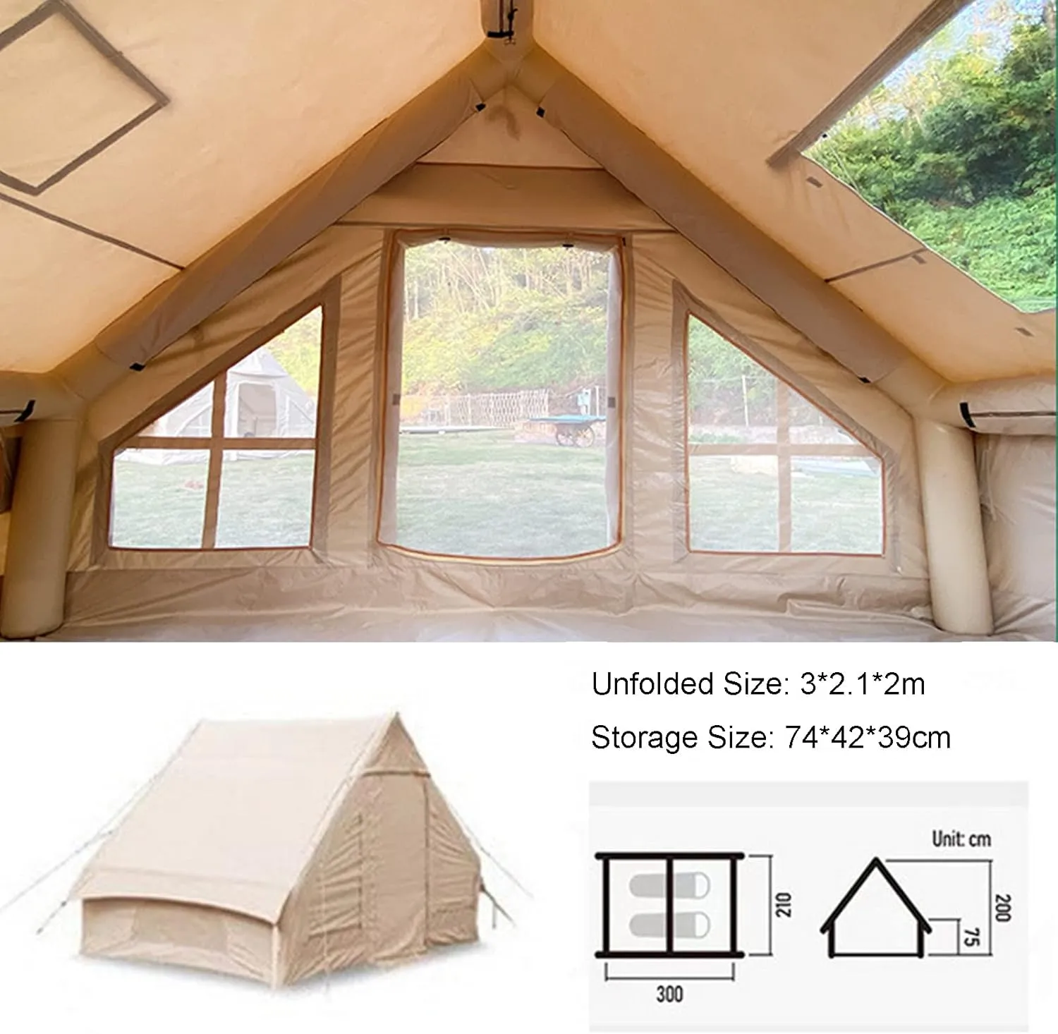 Inflatable Camping Tent 4-5 Person Large Bell Outdoor Yurt Tents,Easy Setup Waterproof Breathable Oxford Canvas Teepee Tents 4-Season for Family Camping Hiking