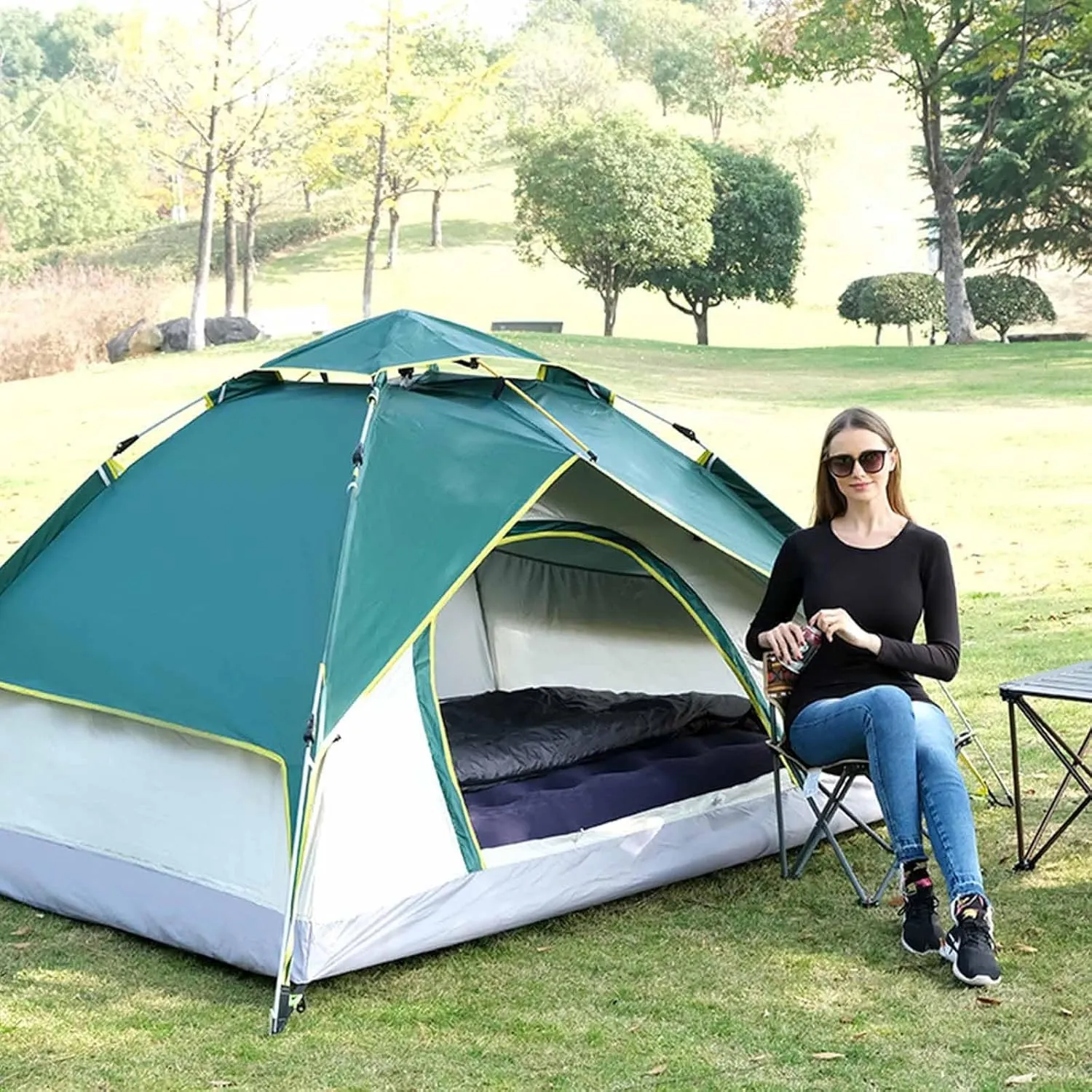 Instant Pop Up Tent, Lightweight 2-in-1 Family Tent, Dark Green, 4 Person, 3 Season, Waterproof, 82.6" x 53.1", Camping & Hiking, Travel, Fishing, Beach