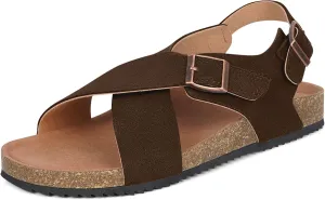 Intini Women's Cork Footbed Sandals with Arch Support Suede Leather Flat Slides Sandals Comfort Open Toe Slip On Shoes for Outdoor Summer Adjustable Buckle & Crisscross Band