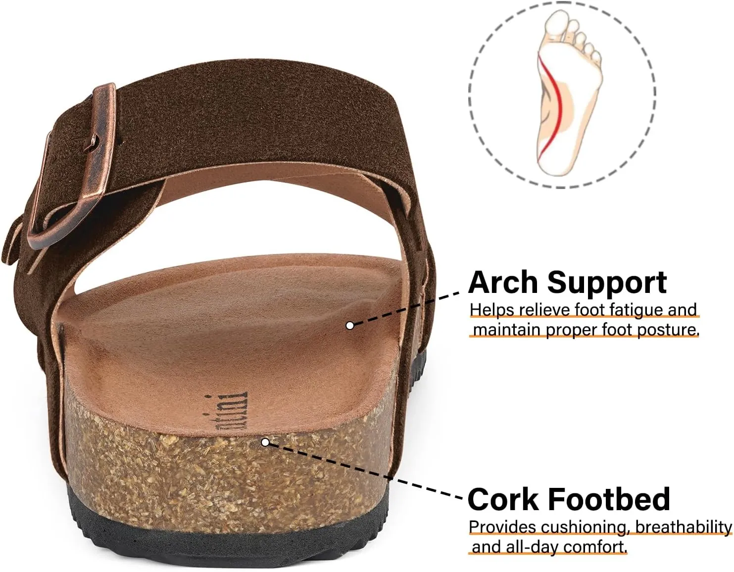 Intini Women's Cork Footbed Sandals with Arch Support Suede Leather Flat Slides Sandals Comfort Open Toe Slip On Shoes for Outdoor Summer Adjustable Buckle & Crisscross Band