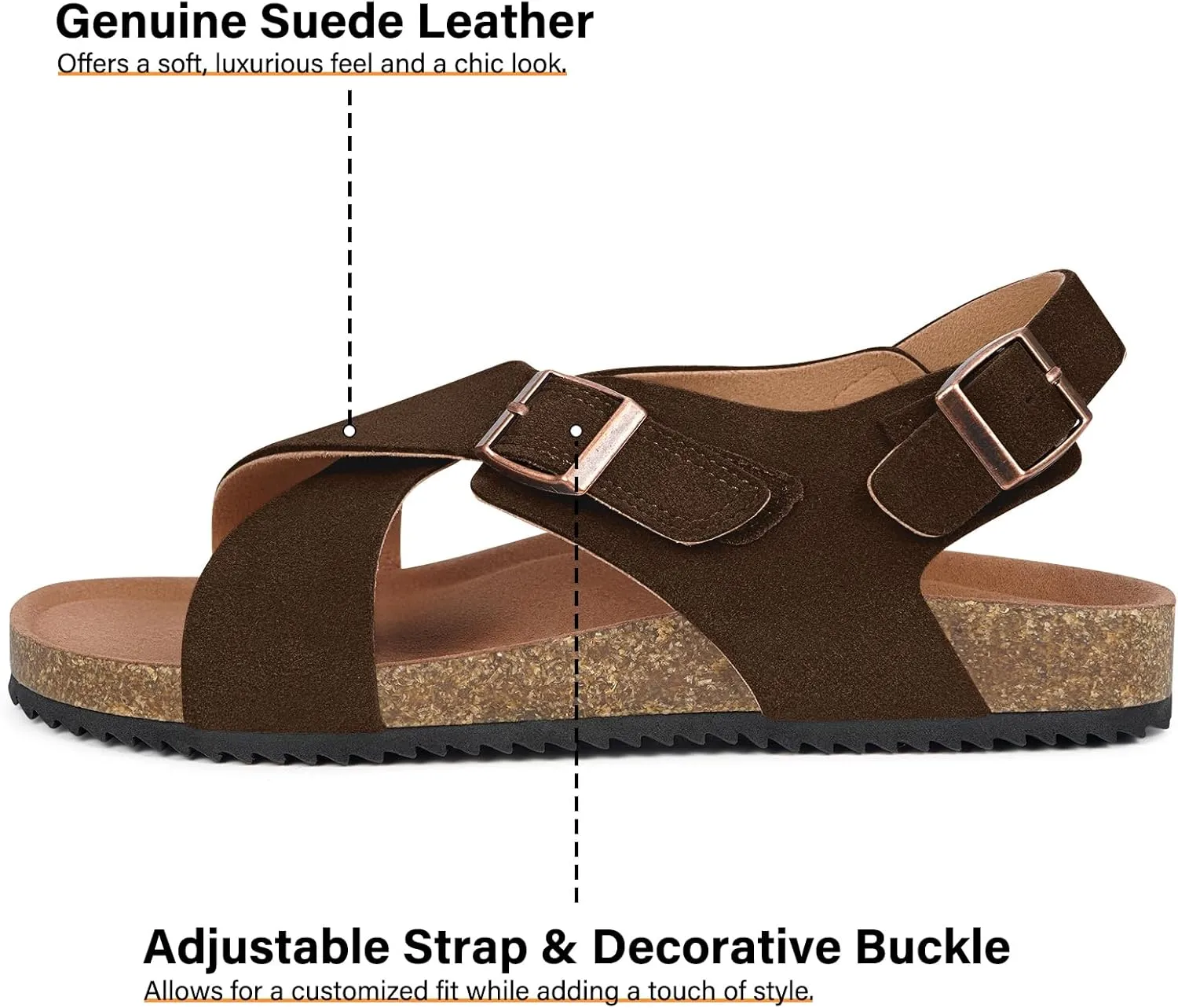 Intini Women's Cork Footbed Sandals with Arch Support Suede Leather Flat Slides Sandals Comfort Open Toe Slip On Shoes for Outdoor Summer Adjustable Buckle & Crisscross Band