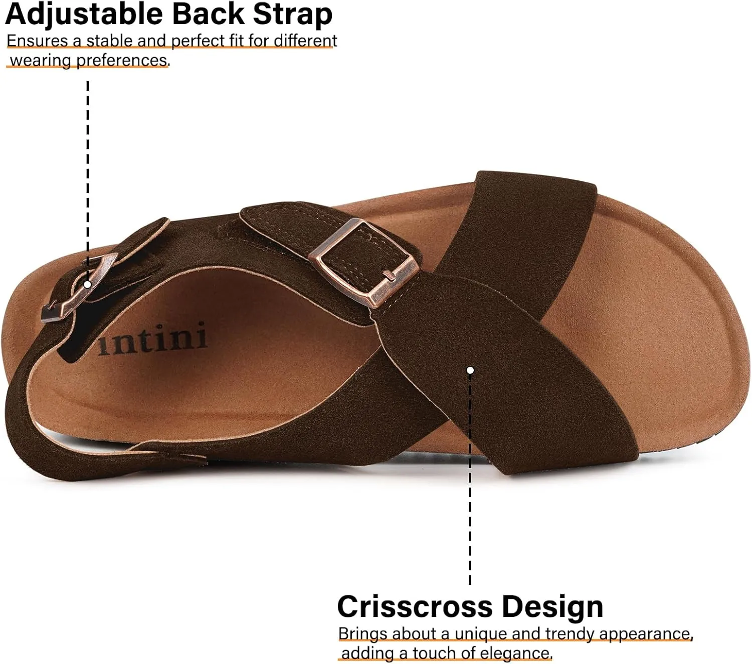 Intini Women's Cork Footbed Sandals with Arch Support Suede Leather Flat Slides Sandals Comfort Open Toe Slip On Shoes for Outdoor Summer Adjustable Buckle & Crisscross Band