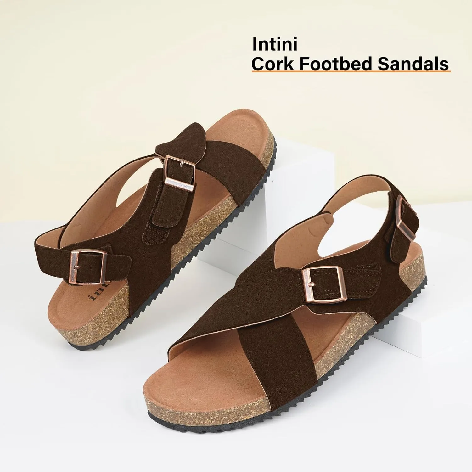 Intini Women's Cork Footbed Sandals with Arch Support Suede Leather Flat Slides Sandals Comfort Open Toe Slip On Shoes for Outdoor Summer Adjustable Buckle & Crisscross Band