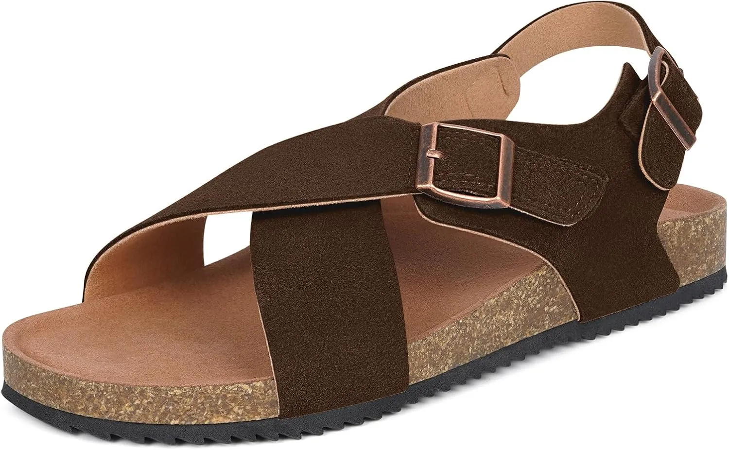 Intini Women's Cork Footbed Sandals with Arch Support Suede Leather Flat Slides Sandals Comfort Open Toe Slip On Shoes for Outdoor Summer Adjustable Buckle & Crisscross Band