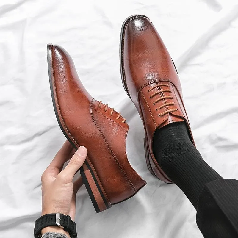 Italian Style Luxury Pointed Toe Leather Shoes Vintage Brown Lace Up Dress Shoes Men's Casual Business Formal Oxfords