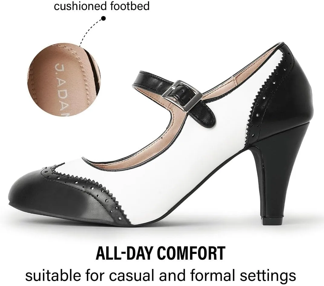 J. Adams Mary Jane Oxford Pumps - Cute Low Kitten Heels - Retro Round Toe Shoe with Ankle Strap - Kym