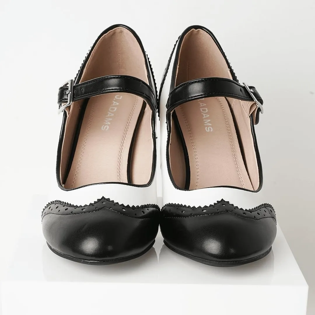 J. Adams Mary Jane Oxford Pumps - Cute Low Kitten Heels - Retro Round Toe Shoe with Ankle Strap - Kym