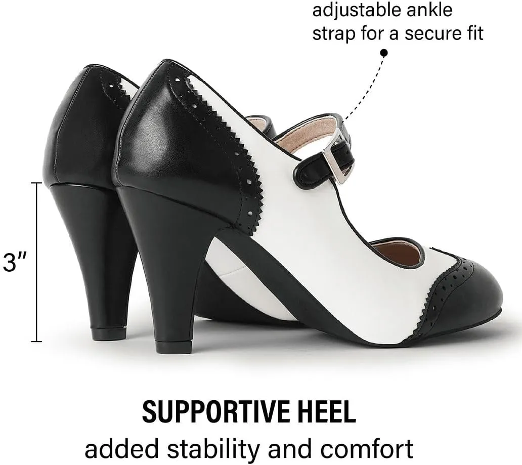 J. Adams Mary Jane Oxford Pumps - Cute Low Kitten Heels - Retro Round Toe Shoe with Ankle Strap - Kym