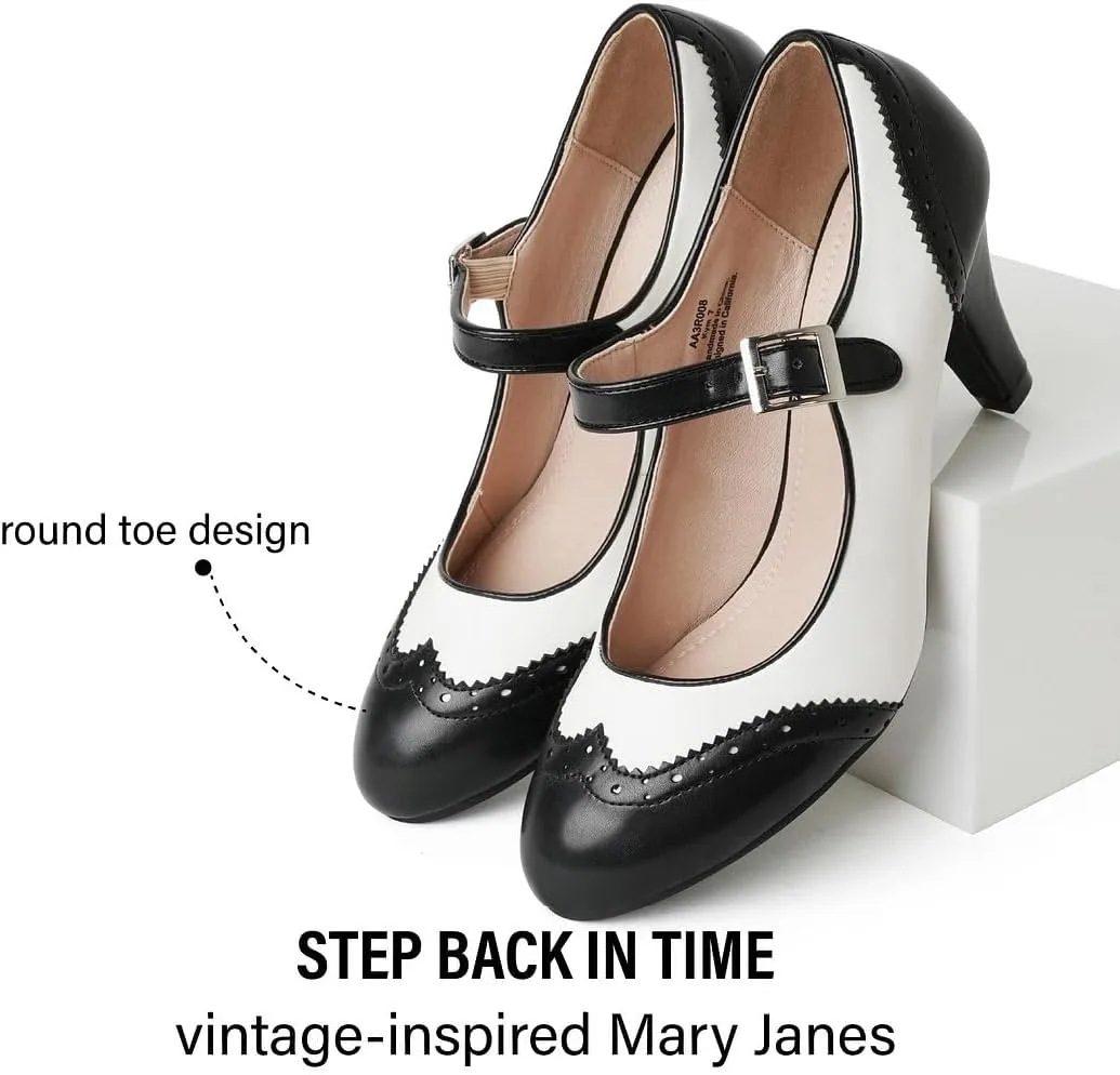 J. Adams Mary Jane Oxford Pumps - Cute Low Kitten Heels - Retro Round Toe Shoe with Ankle Strap - Kym