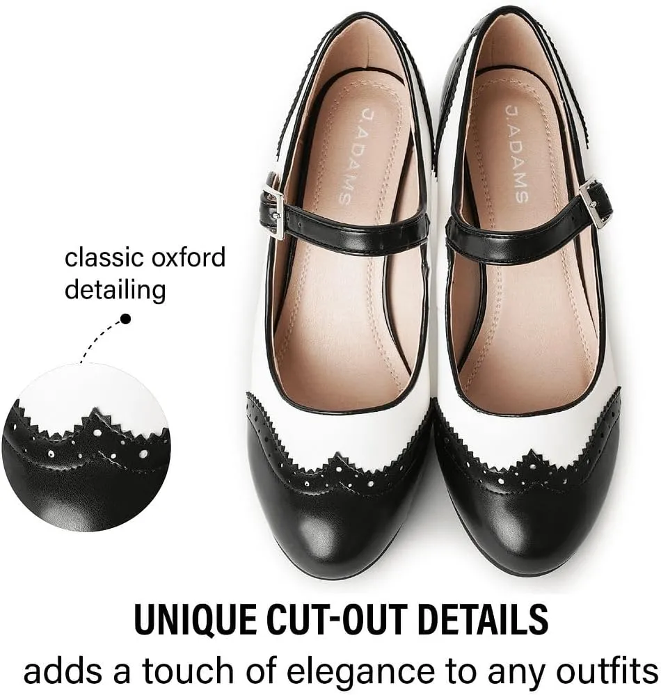 J. Adams Mary Jane Oxford Pumps - Cute Low Kitten Heels - Retro Round Toe Shoe with Ankle Strap - Kym