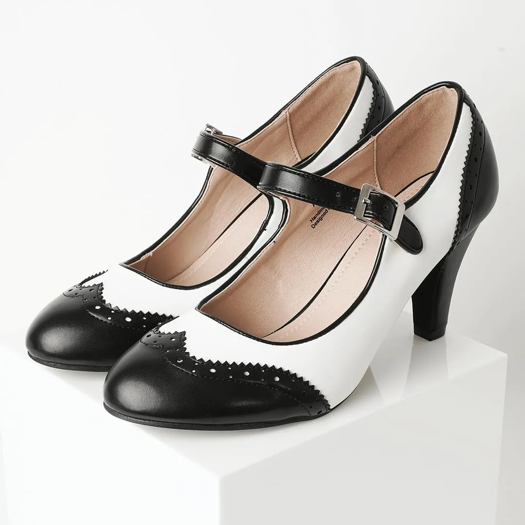 J. Adams Mary Jane Oxford Pumps - Cute Low Kitten Heels - Retro Round Toe Shoe with Ankle Strap - Kym