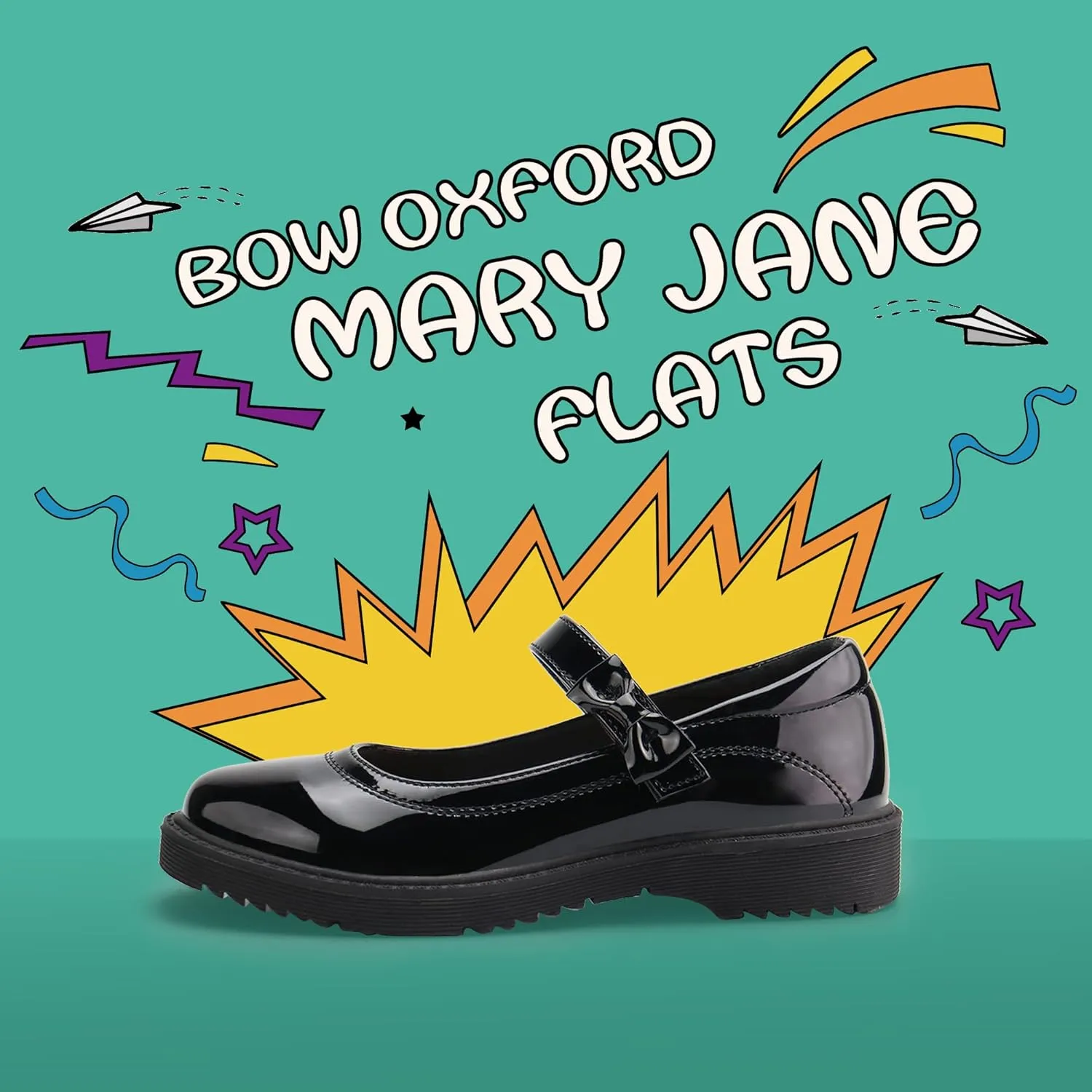 JABASIC Girls Black School Shoes Bow Oxford Mary Jane Flats
