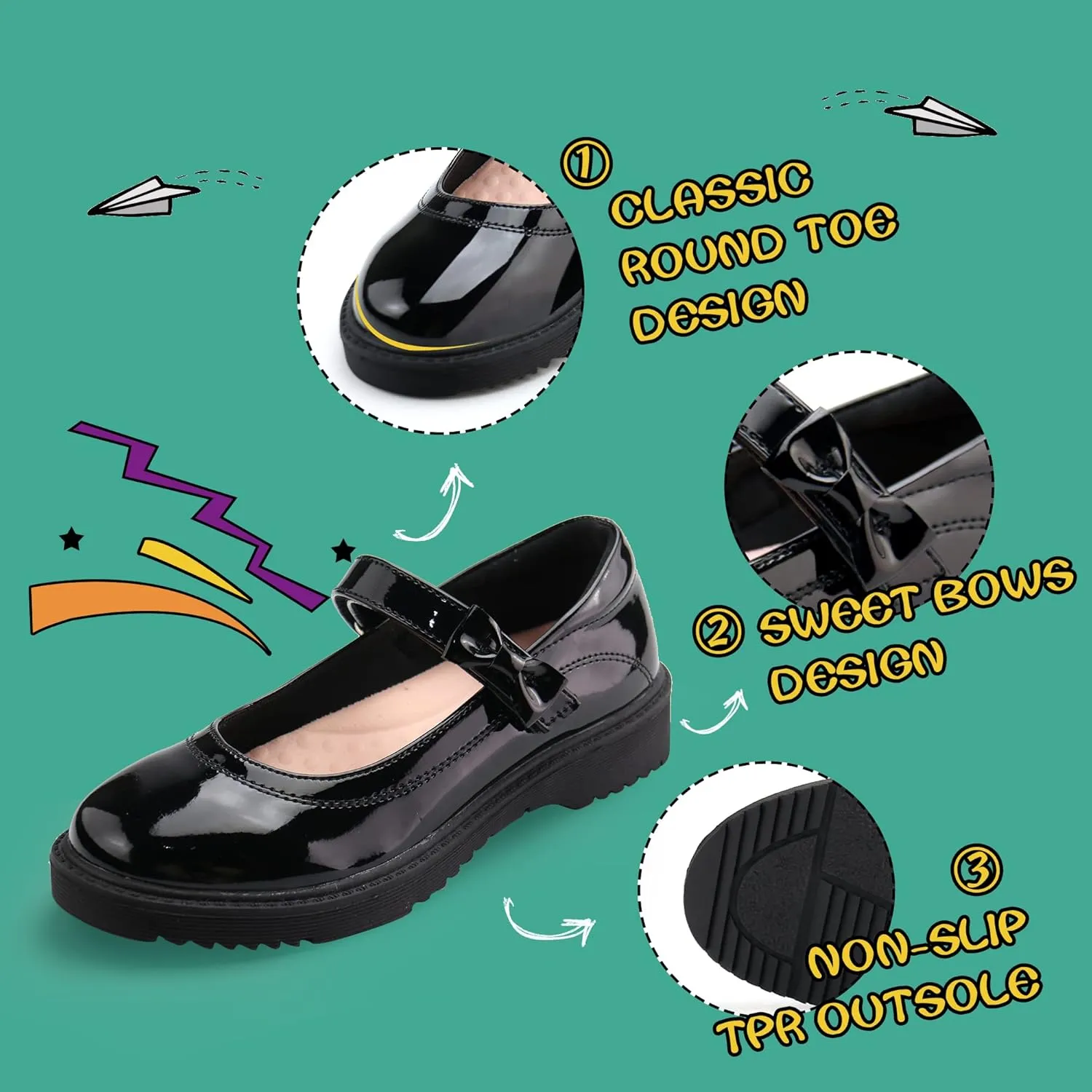 JABASIC Girls Black School Shoes Bow Oxford Mary Jane Flats