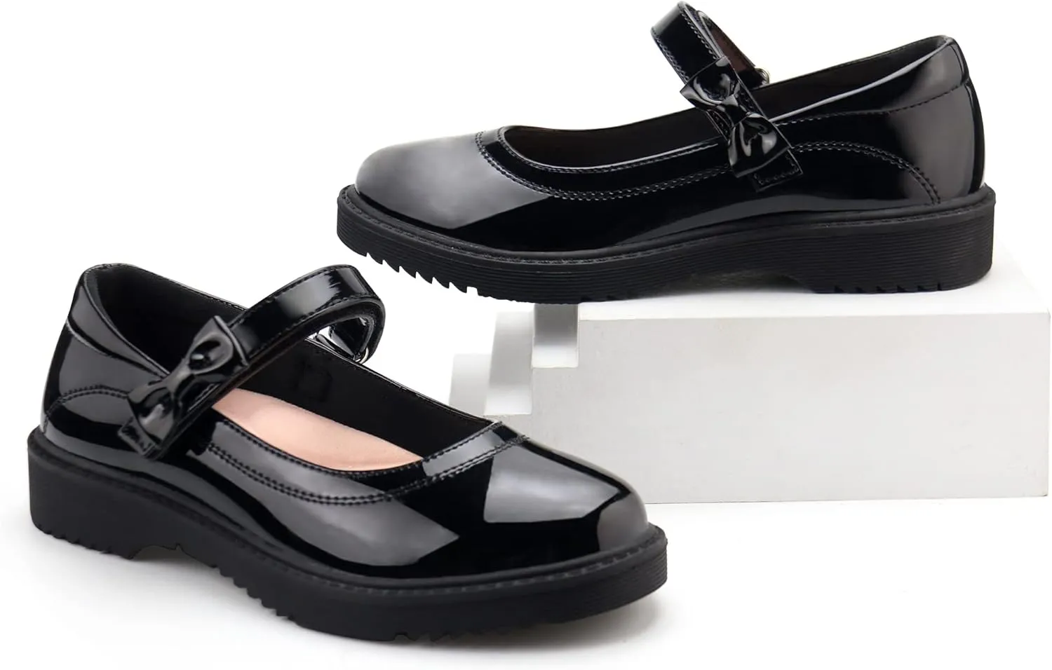JABASIC Girls Black School Shoes Bow Oxford Mary Jane Flats