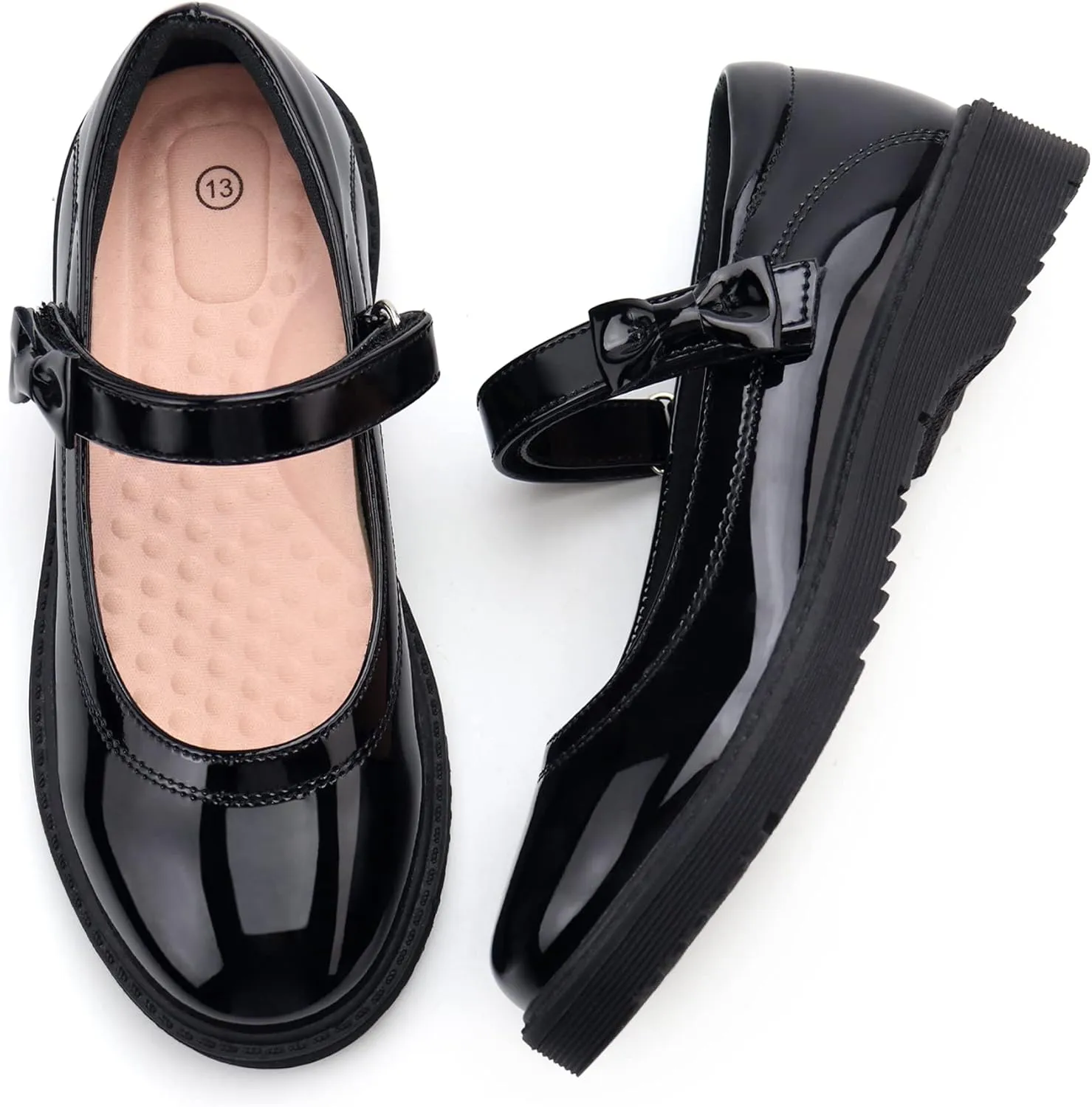 JABASIC Girls Black School Shoes Bow Oxford Mary Jane Flats