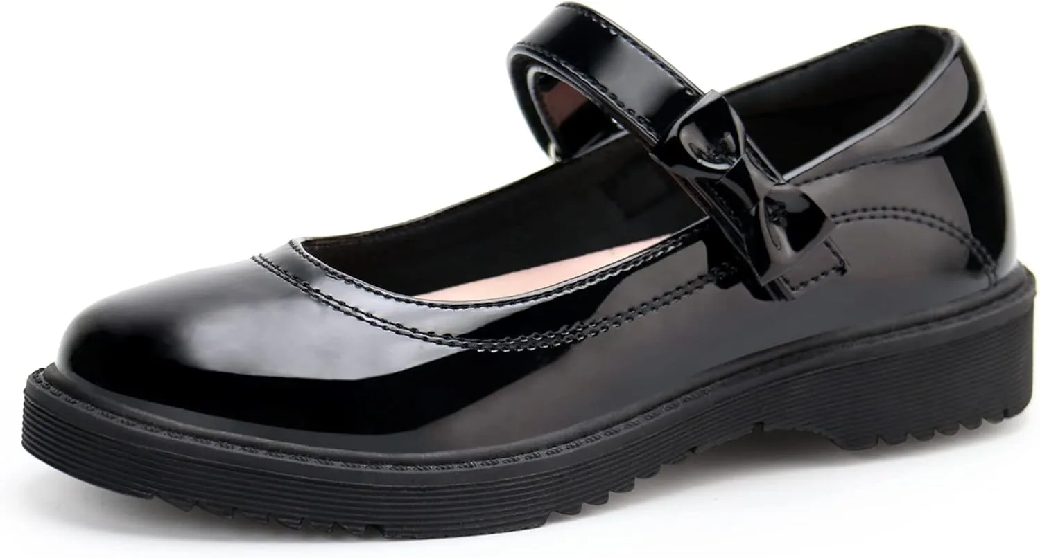 JABASIC Girls Black School Shoes Bow Oxford Mary Jane Flats