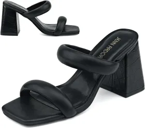 JENN ARDOR Womens Chunky Heeled Mule Sandals Square Toe Block Heels Two Braid Strap Backless Pumps Dressy Sandals