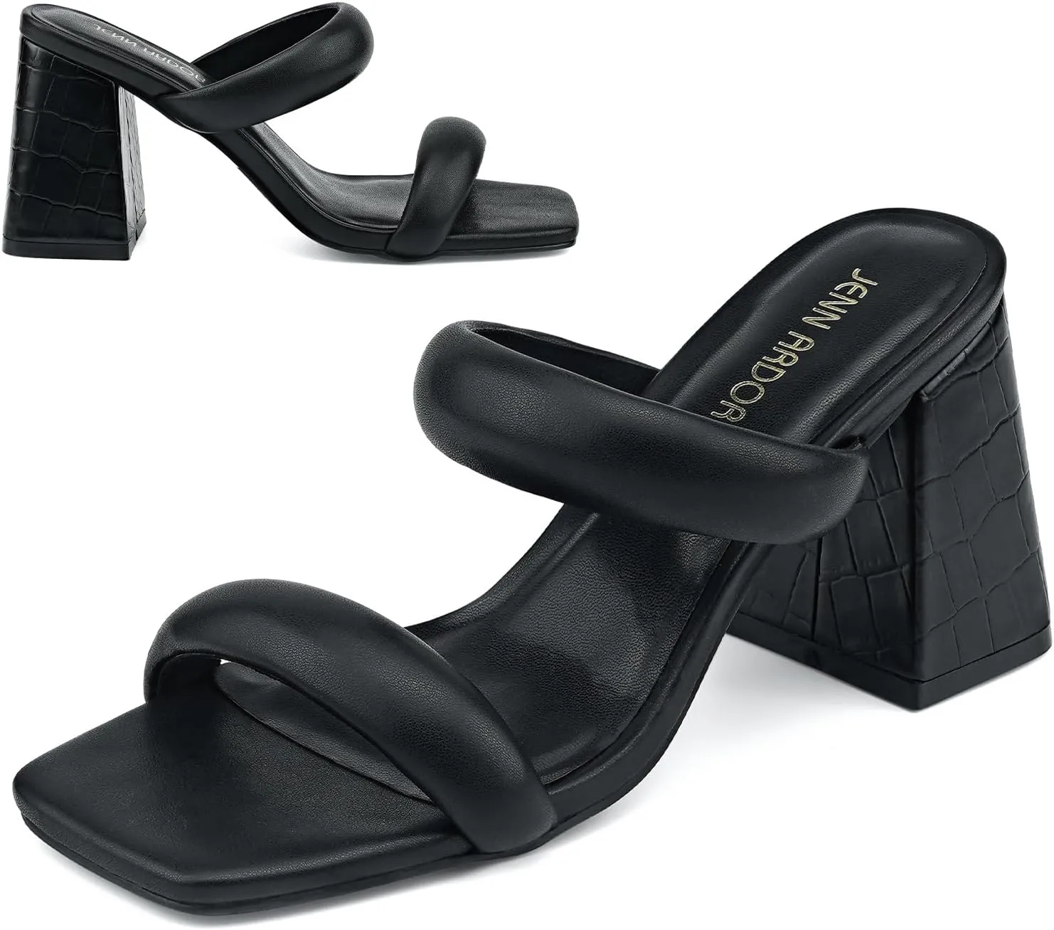 JENN ARDOR Womens Chunky Heeled Mule Sandals Square Toe Block Heels Two Braid Strap Backless Pumps Dressy Sandals