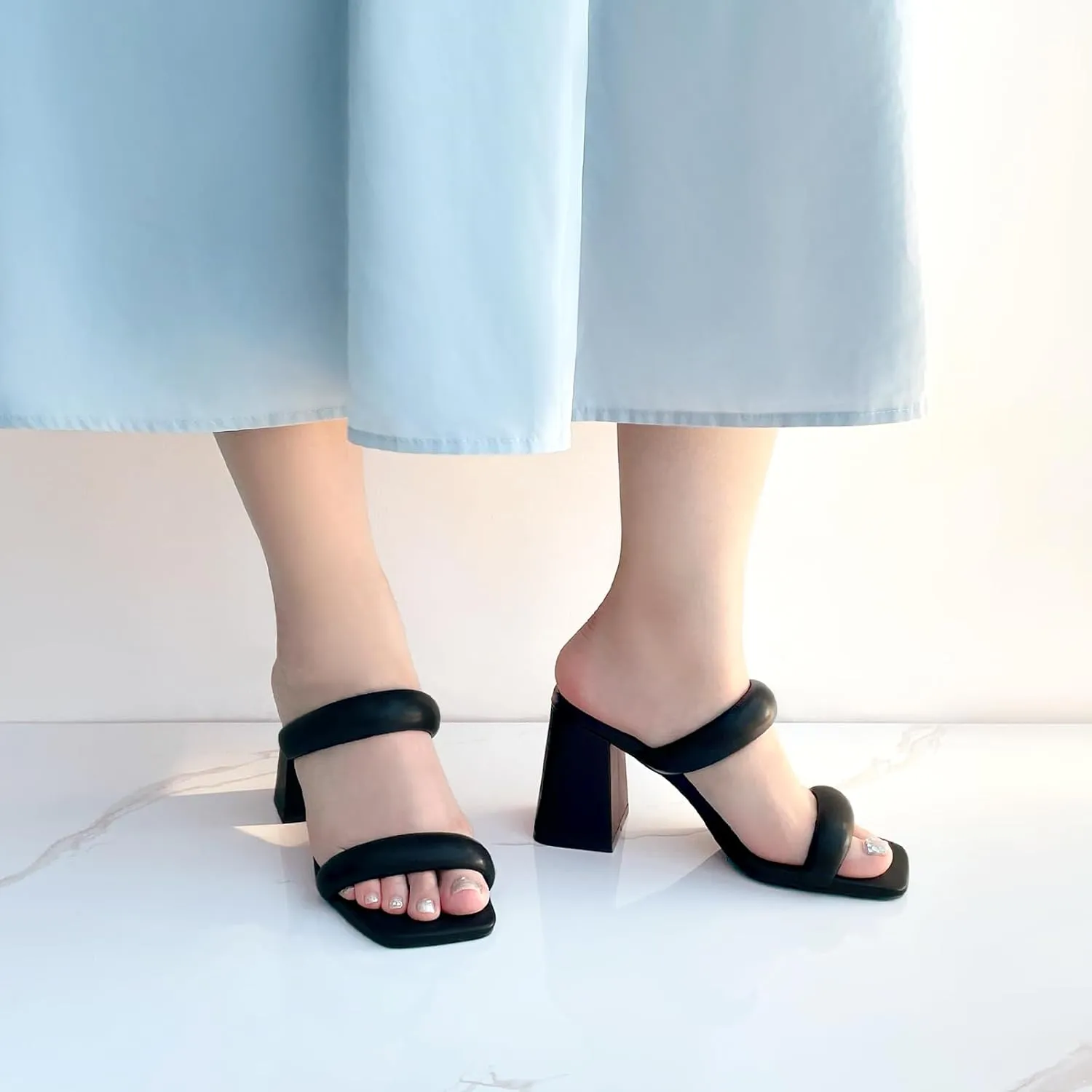 JENN ARDOR Womens Chunky Heeled Mule Sandals Square Toe Block Heels Two Braid Strap Backless Pumps Dressy Sandals