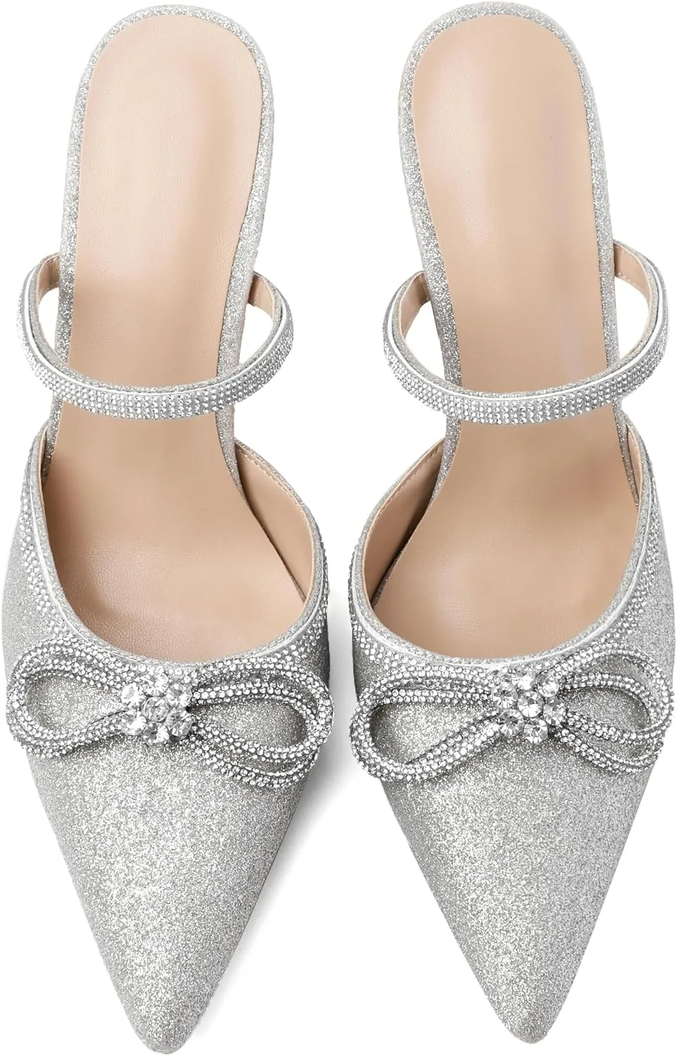Joseywade Rhinstone Bow Mule Heels High Heels Closed Pointed Toe Spool Heel Slip-on Sandals 3.5" Wedding Crystal Ankle Strap Backless Shoes For Bridal Bridesmaid Engagement