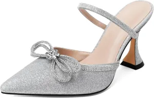 Joseywade Rhinstone Bow Mule Heels High Heels Closed Pointed Toe Spool Heel Slip-on Sandals 3.5" Wedding Crystal Ankle Strap Backless Shoes For Bridal Bridesmaid Engagement