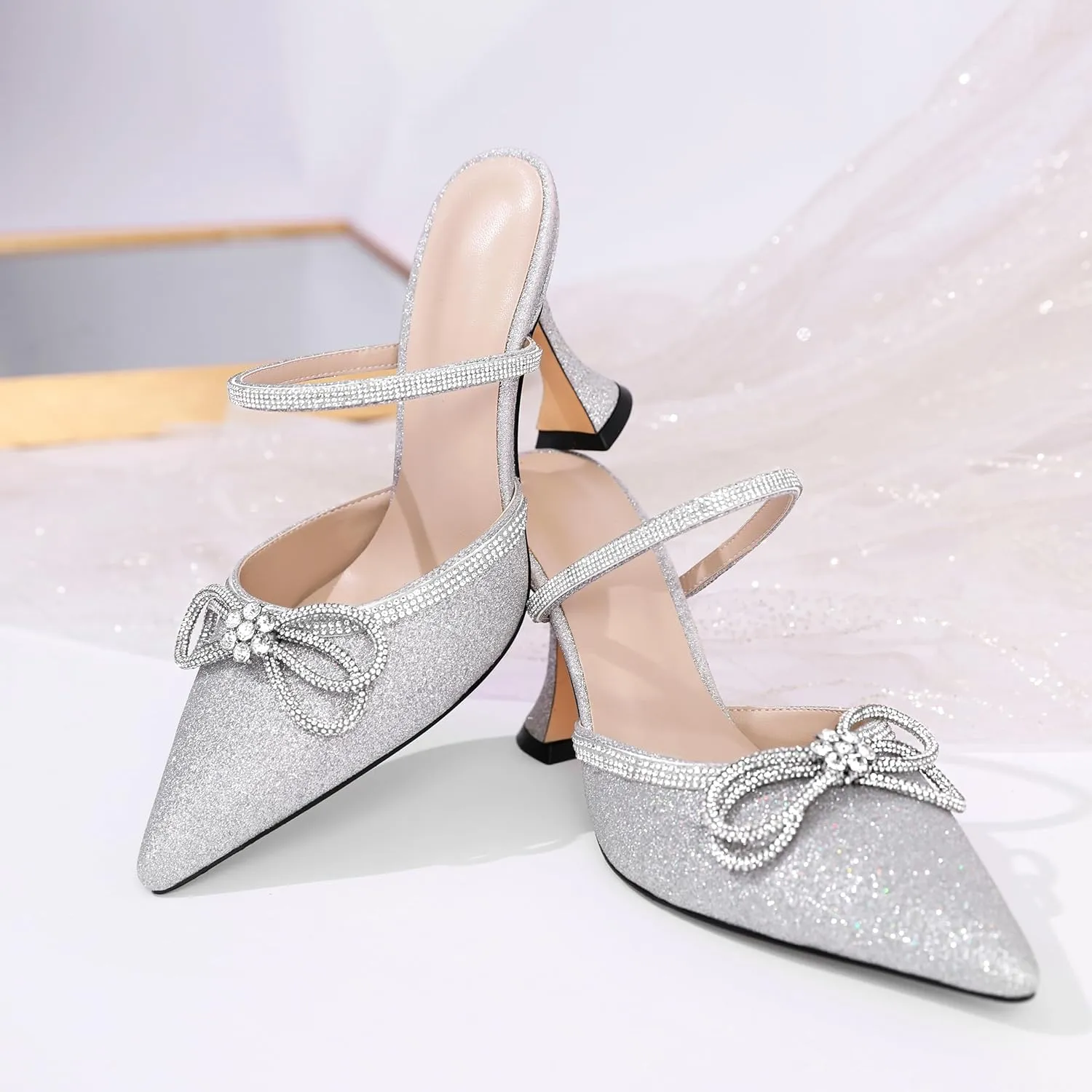 Joseywade Rhinstone Bow Mule Heels High Heels Closed Pointed Toe Spool Heel Slip-on Sandals 3.5" Wedding Crystal Ankle Strap Backless Shoes For Bridal Bridesmaid Engagement