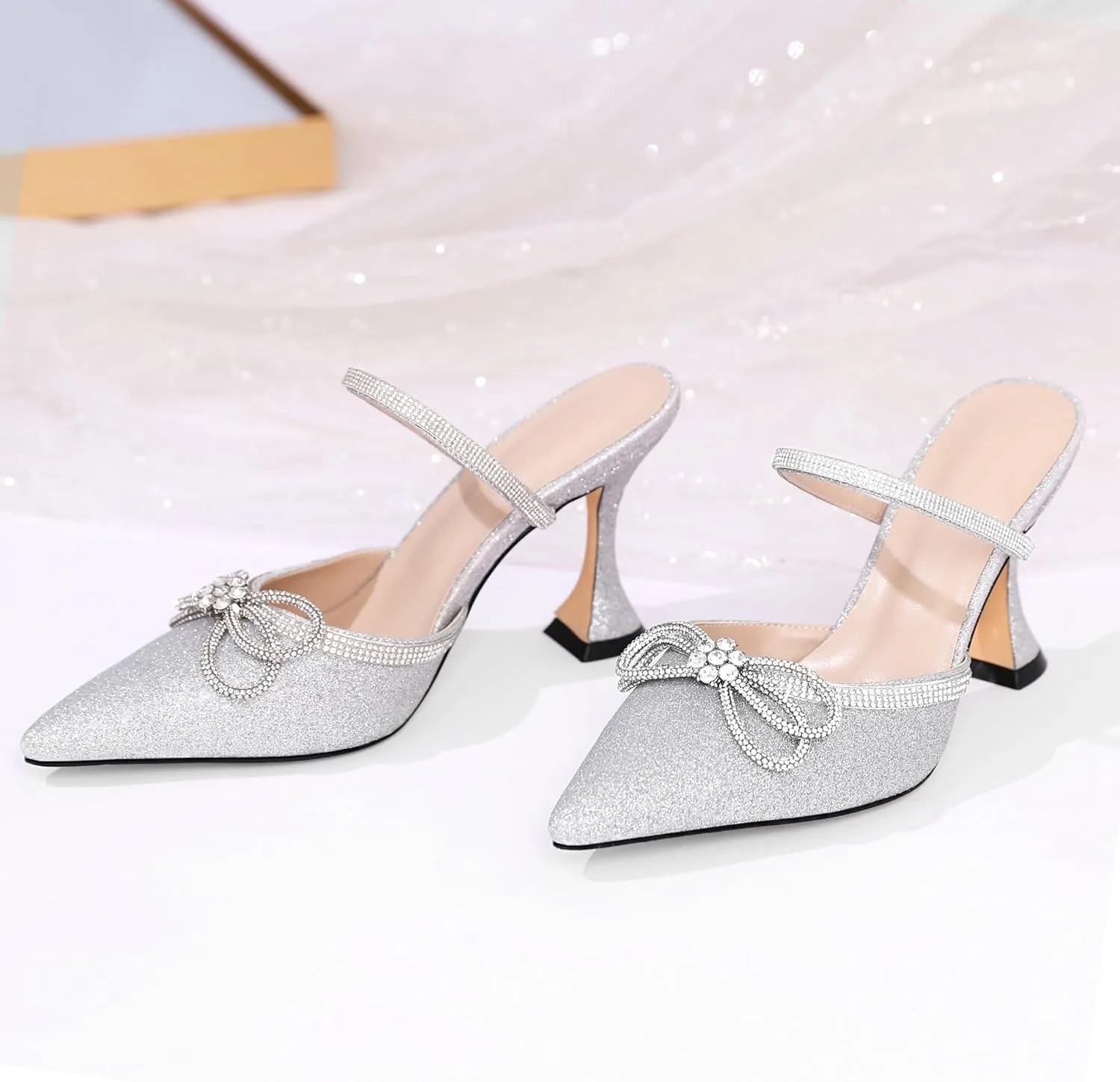 Joseywade Rhinstone Bow Mule Heels High Heels Closed Pointed Toe Spool Heel Slip-on Sandals 3.5" Wedding Crystal Ankle Strap Backless Shoes For Bridal Bridesmaid Engagement