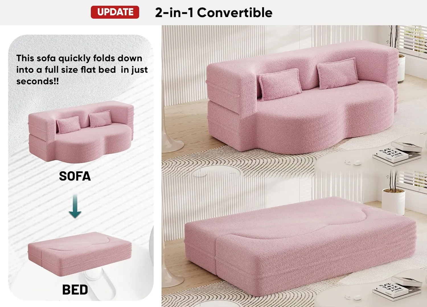 JOYBASE 78in Sofa Couch Convertible Oversized Cloud Loveseat Minimalist Sleeper Sofa Bed for Living Room, Apartment, Office, No Assembly Required (Pink)