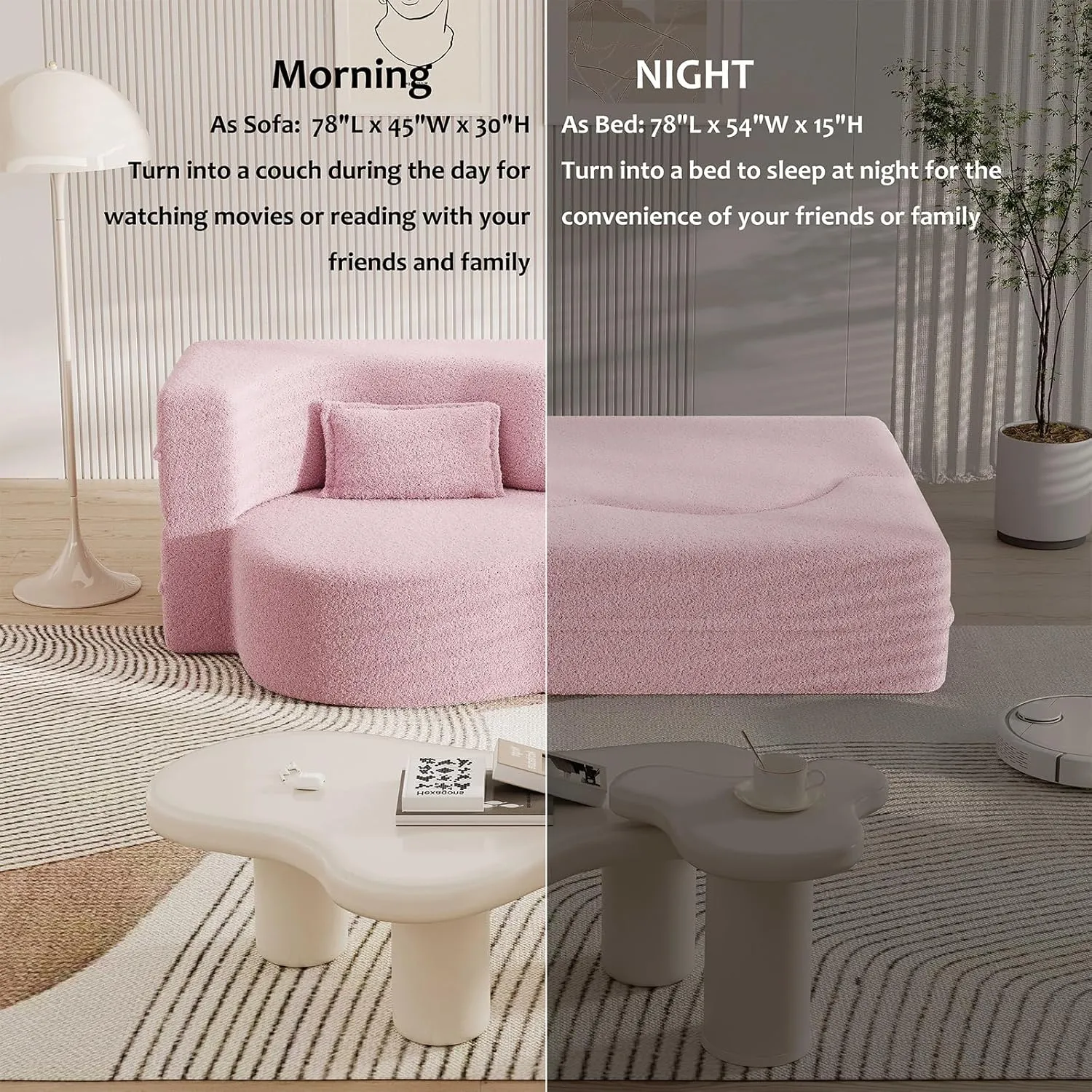 JOYBASE 78in Sofa Couch Convertible Oversized Cloud Loveseat Minimalist Sleeper Sofa Bed for Living Room, Apartment, Office, No Assembly Required (Pink)