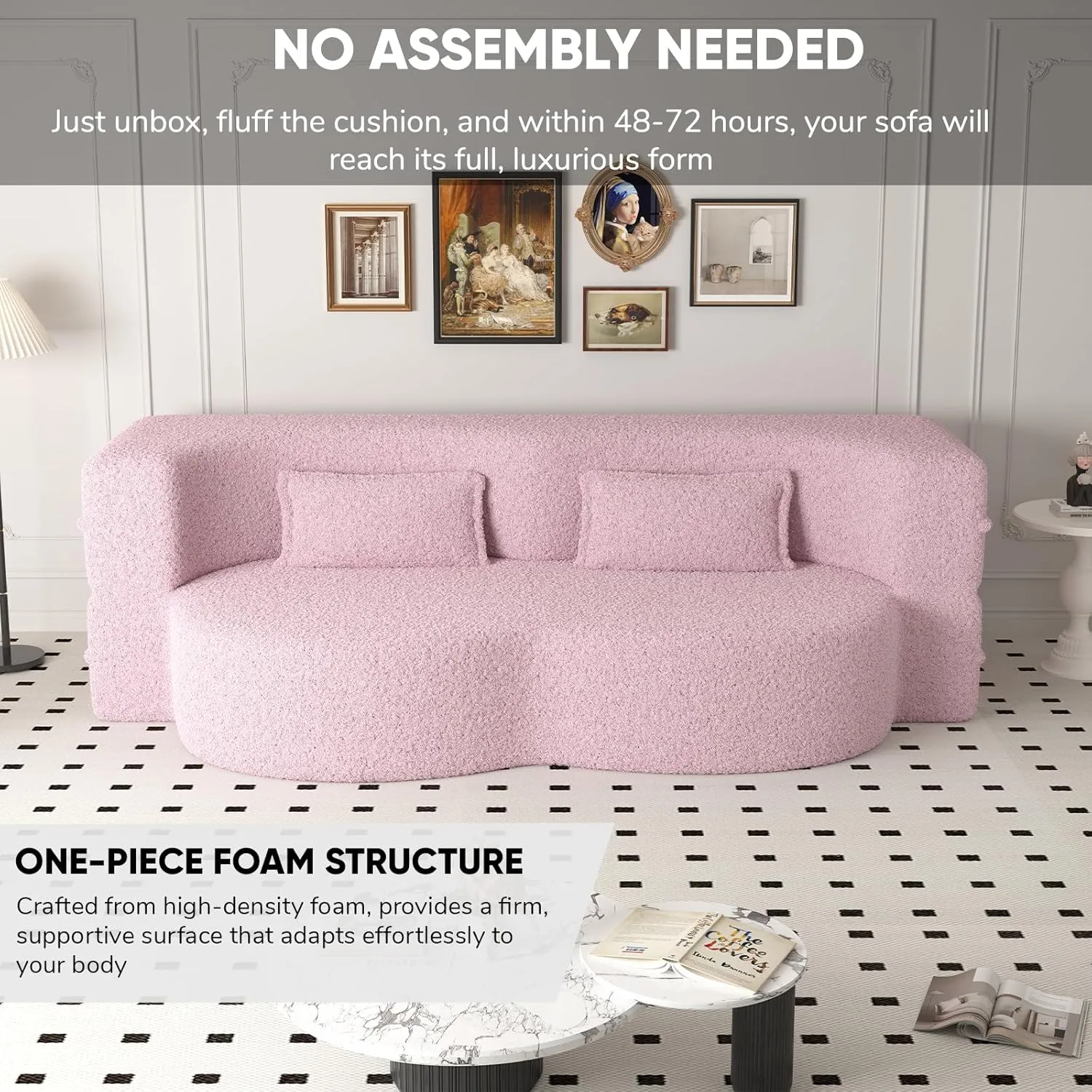 JOYBASE 78in Sofa Couch Convertible Oversized Cloud Loveseat Minimalist Sleeper Sofa Bed for Living Room, Apartment, Office, No Assembly Required (Pink)