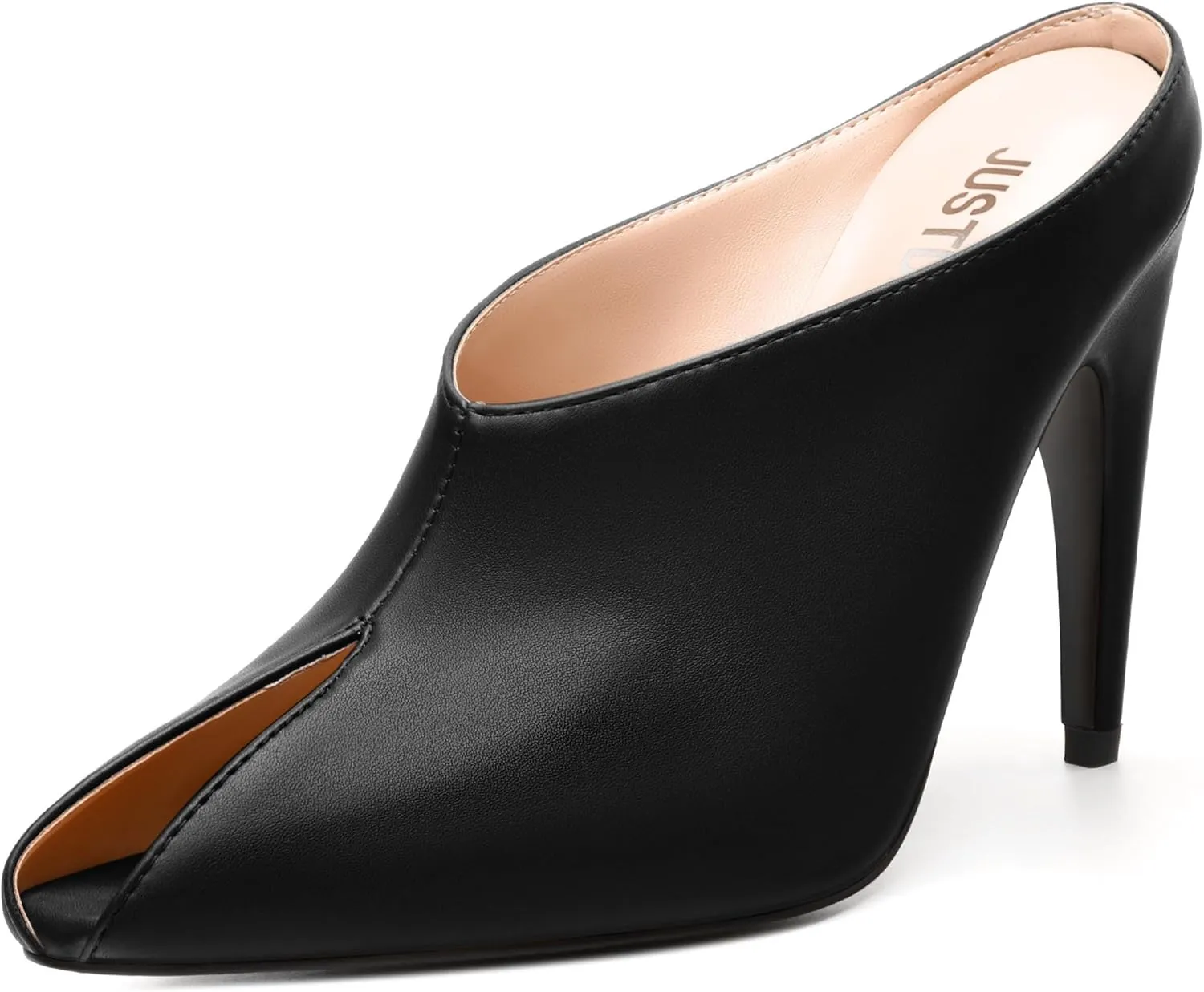 JUSTDANNI Mules for Women Heels Peep Open Toe Stiletto High Heel Sandals Slingback Slip On Comfortable Casual Wedding Office Dating Dress Shoes