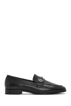 Kadın Siyah Tokalı Deri Maskülen Loafer