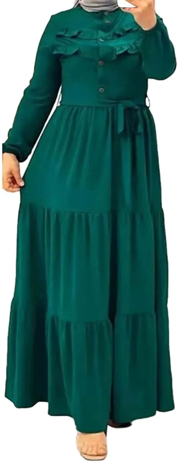 Kaftan Dresses for Women Button Up Long Maxi Dress with Belt Ramadan Abaya Long Gown Long Sleeve Pakistani Clothes