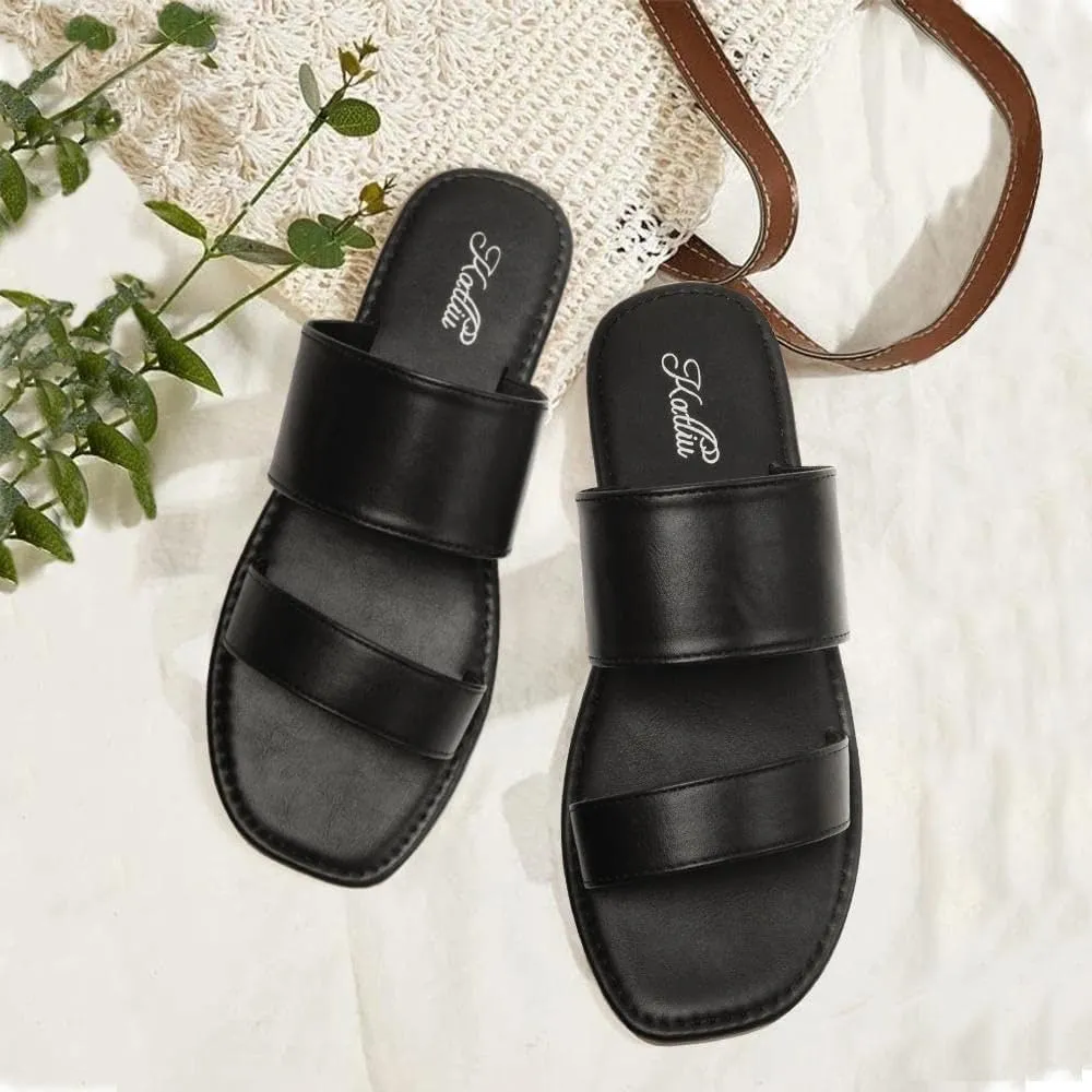 katliu Women's Flat Sandals Two Strap Slide Sandals Open Toe