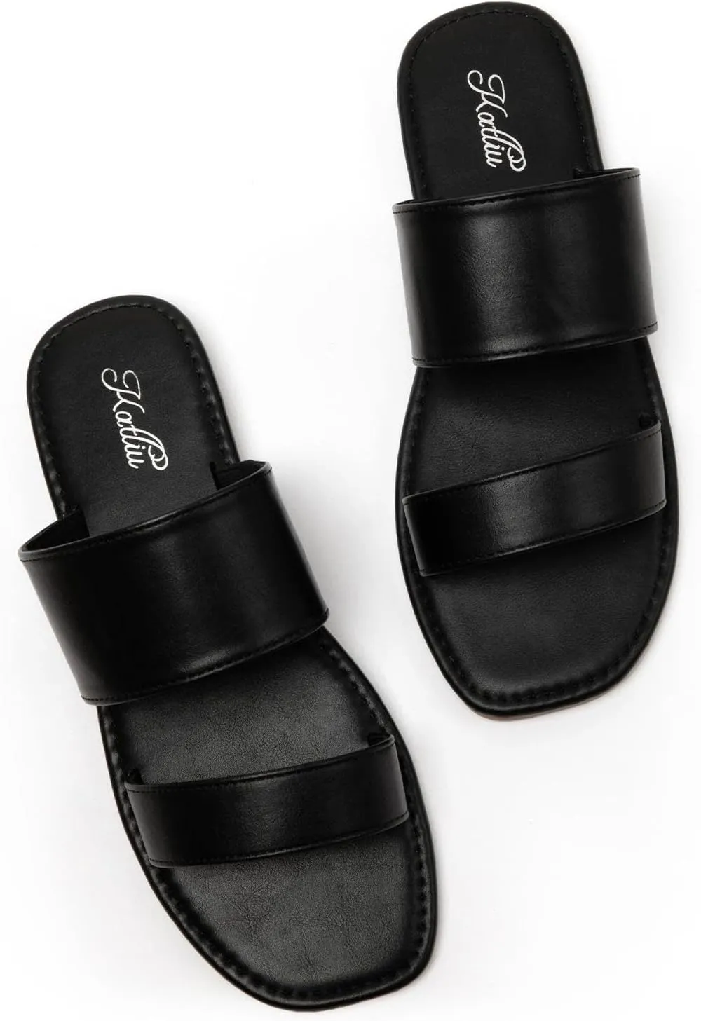 katliu Women's Flat Sandals Two Strap Slide Sandals Open Toe