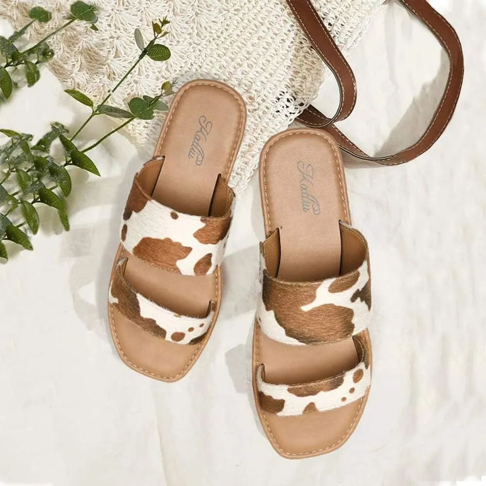 katliu Women's Flat Sandals Two Strap Slide Sandals Open Toe