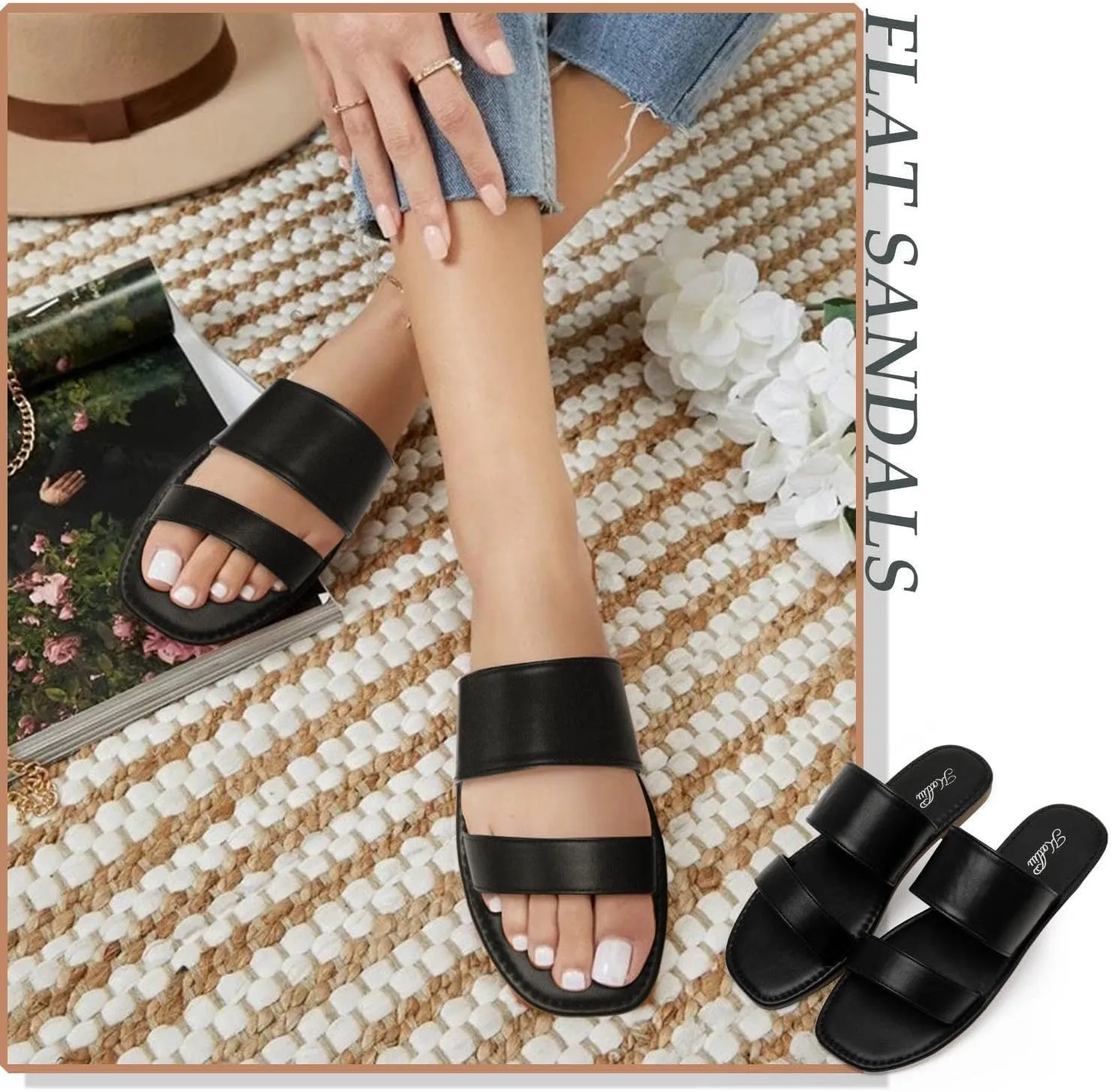 katliu Women's Flat Sandals Two Strap Slide Sandals Open Toe