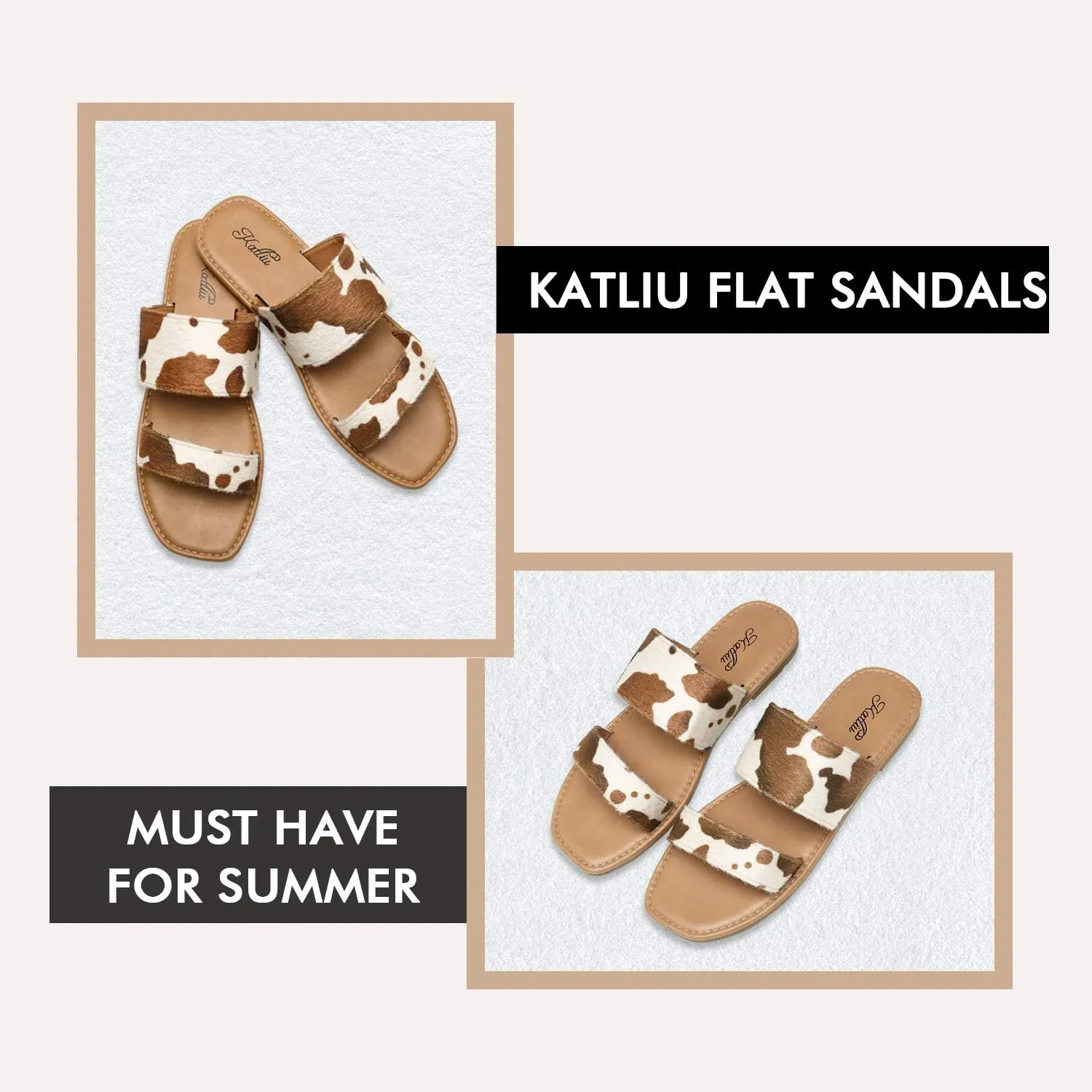 katliu Women's Flat Sandals Two Strap Slide Sandals Open Toe